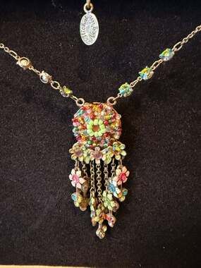 Michal Negrin Vintage Floral Crystal Shaker Dangle Statement Necklace